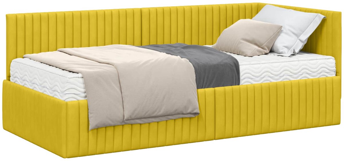 vidaXL Hoekbedframe - met - Matras - 2 - st - Geel - 90 - x - 190 - cm - Fluweel