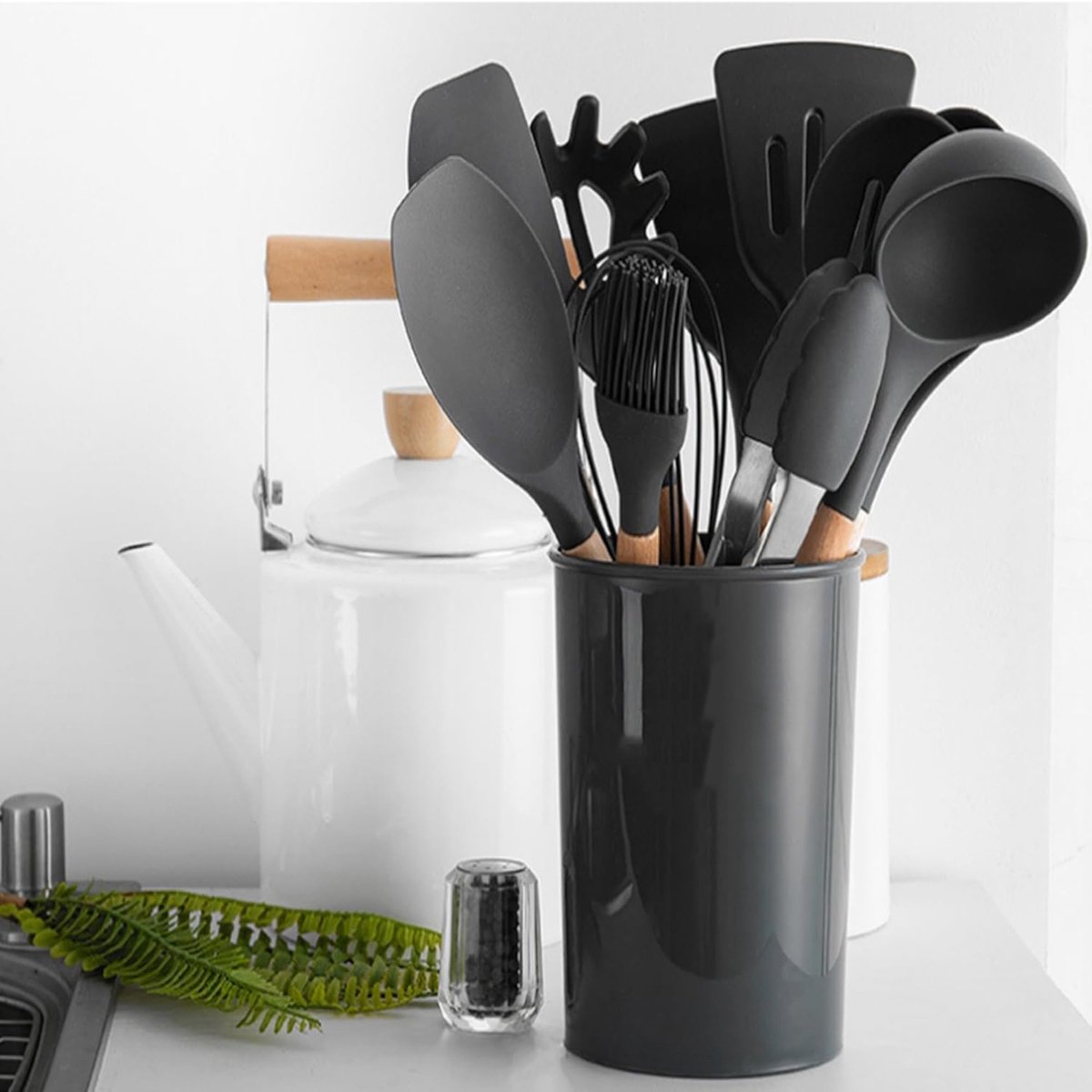 FloraGrace Keukengerei-Sets – 12-Delig Siliconen Kookgerei Set Met Veelzijdige Keukenhulpen – Non-Stick Geschikt, Hittebestendig – Grijs