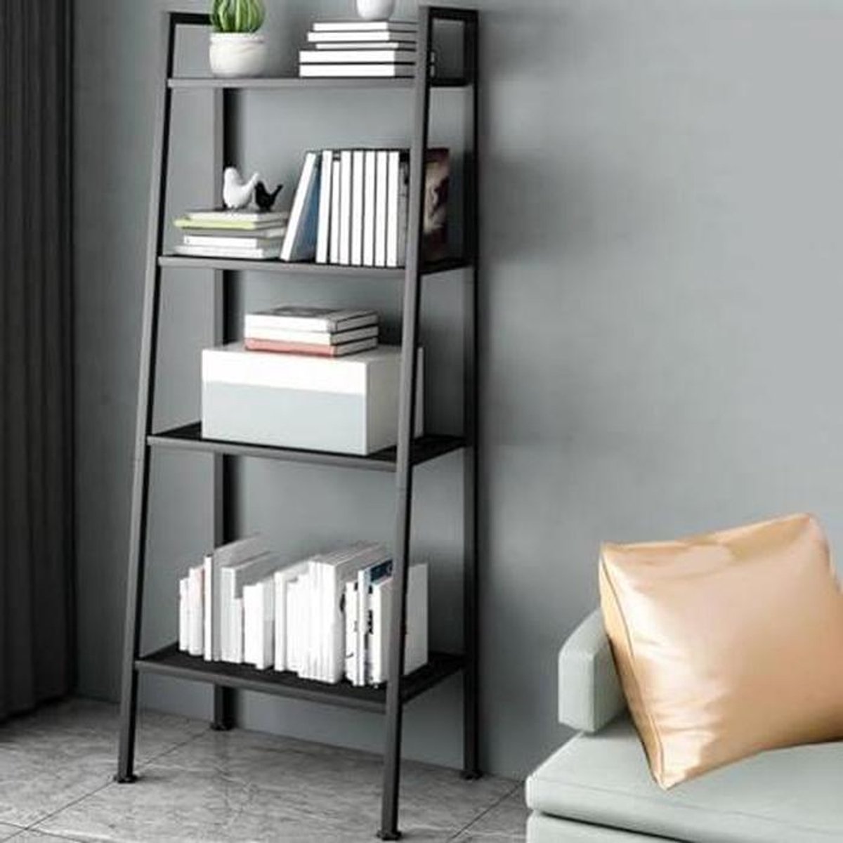 Ladder Boekenkast - Opbergrek Staand - Boeken Opbergen - Trapezium Stabiliteit - 148.5cm H