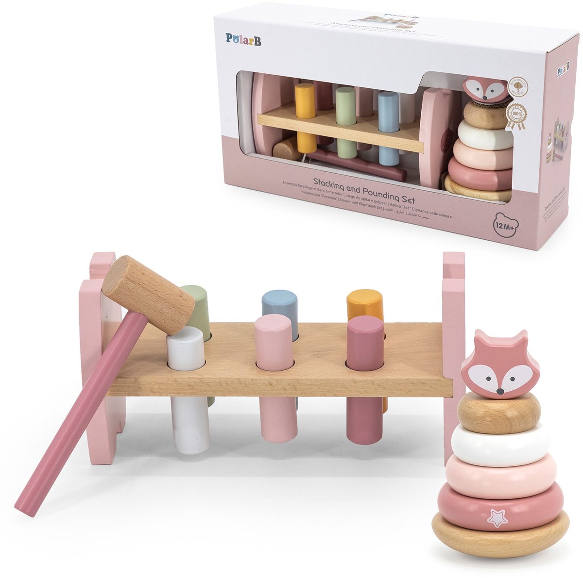 Viga Polarb Houten Piramide + Pons Met Hamer Set Montessori Fox - UNI