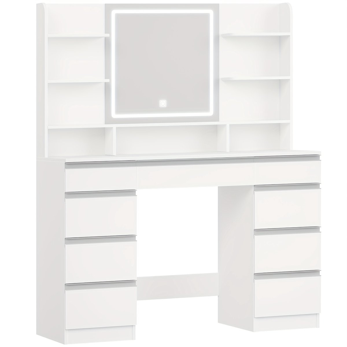 Kaptafel- Make-up Tafel- Make-up Tafel met LED-verlichting- 3 Kleuren-Spiegel- 9 Laden- 9 Open Planken- Moderne Stijl-Wit En Zilver.