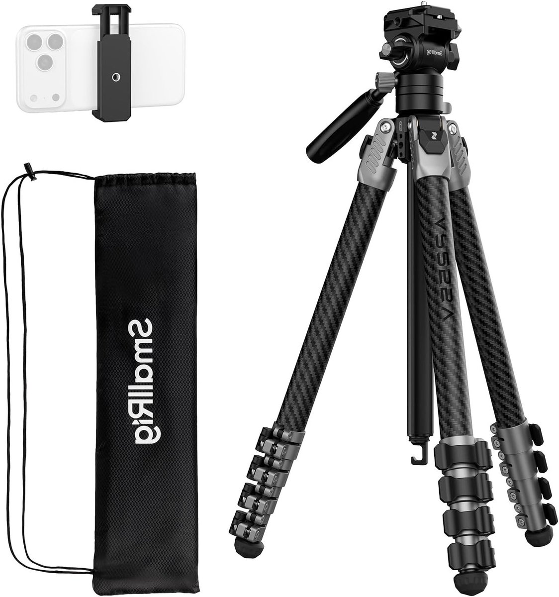 Draagbare 63" Carbon Fiber Reisstatief voor iPhone en Camera, Lichtgewicht en Compact voor Buitenfotografie met 3kg Belastbaarheid en Fluid Head