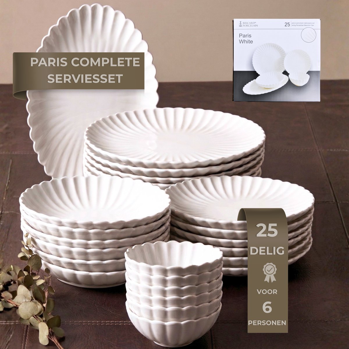 OZ Home Bricard Paris White Serviesset - Porselein - 25-delig - 6 personen - Vaatwasser-, Magnetron- en Ovenbestendig