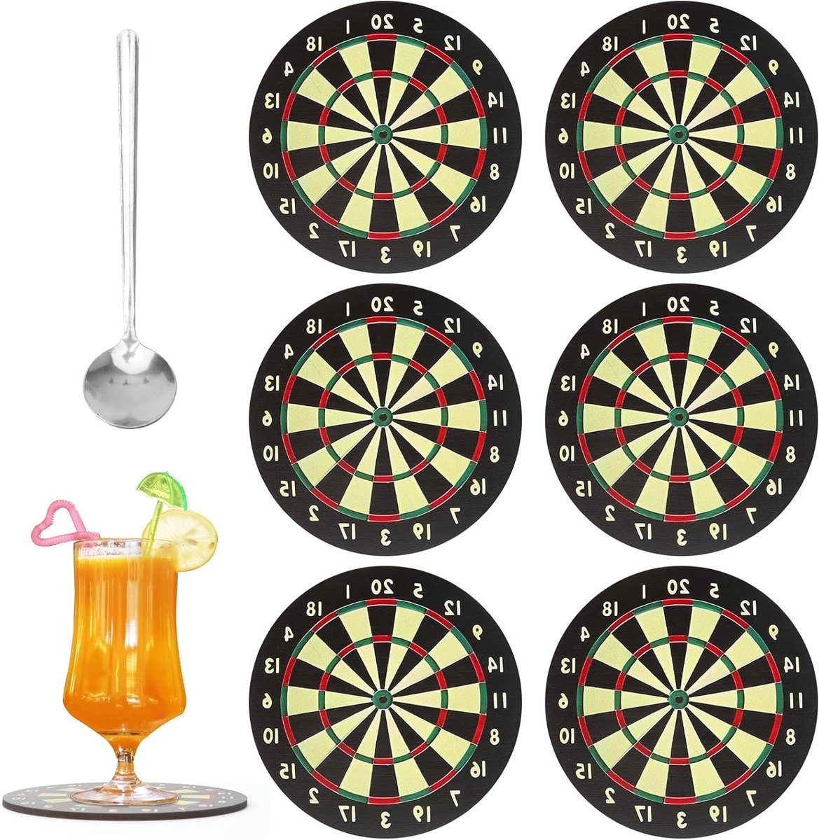Darts Coasters met Lepel, Bierdeksel en Karton, Antislip Onderzetters voor Bier en Koffie, Grappige Dart Onderzetters voor Cafés en Huiskamers, Set van 6