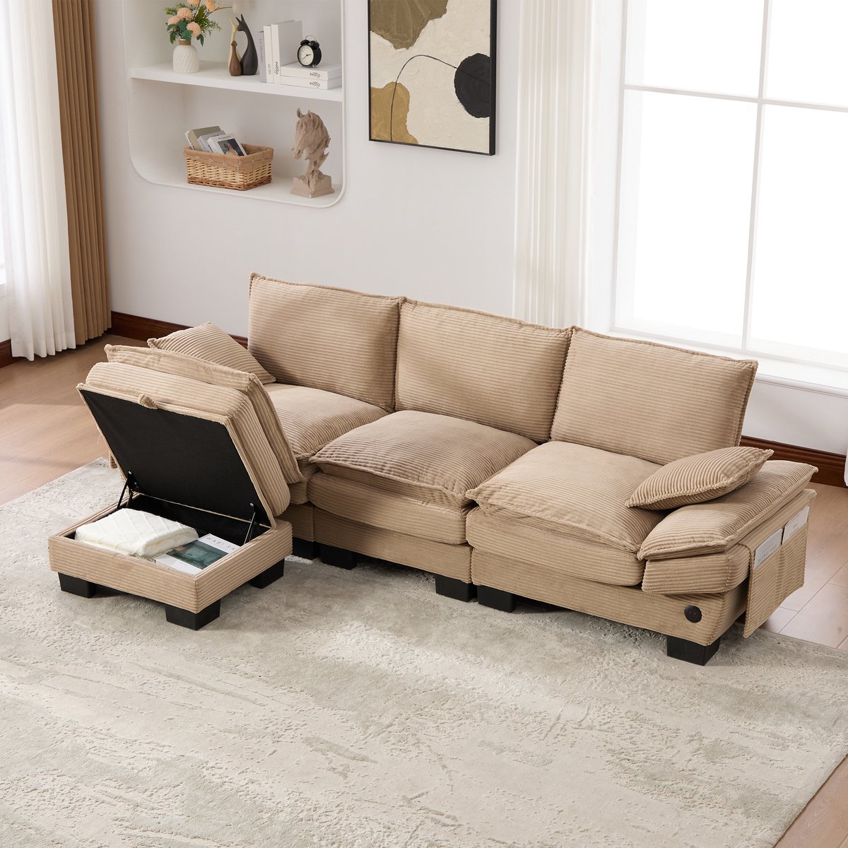 Modulaire 3-zits corduroy bank (met 1 poef) – brede zitting, ergonomisch ontwerp, vulling