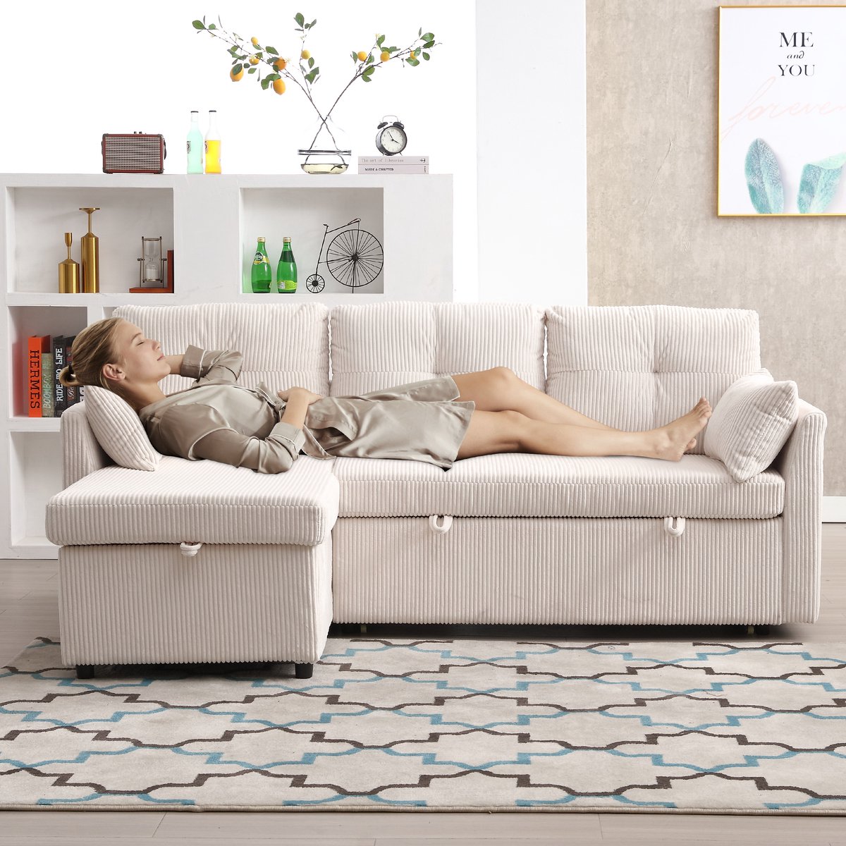 Multifunctionele slaapbank met opbergruimte en uitschuifbaar bed, chaise longue die kan worden omgebouwd tot slaapbank, hoekbank met opbergruimte in de zitgedeeltes, modulaire L-vormige bank, modulaire hoekbank voor de woonkamer