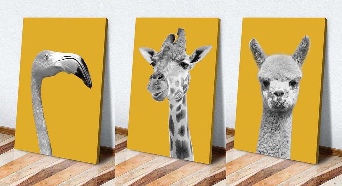 Canvas Muurkunst Set - Dier Ontwerpen - Wonen Decoratie - Handgemaakt Op Bestelling - 3x 30x20 Inch - Zwart Wit Geel