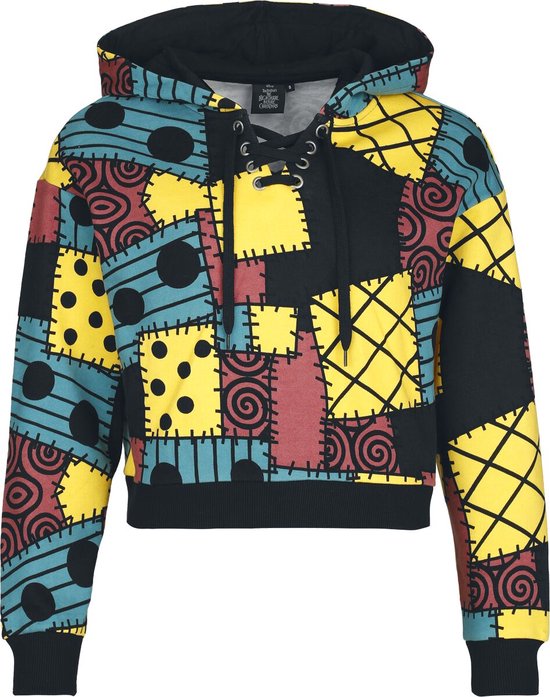 Multicolor hoodie met patchwerkontwerp. Zwarte, gele, rode en turquoise vierkanten met stiksels, stippen en spiralen. Met zwarte veter aan de hals.