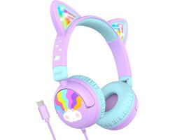 Kinderhoofdtelefoon met LED – Koptelefoon voor kinderen – School en Reizen – Veilig Volume 85dBA – On-ear – Paars
