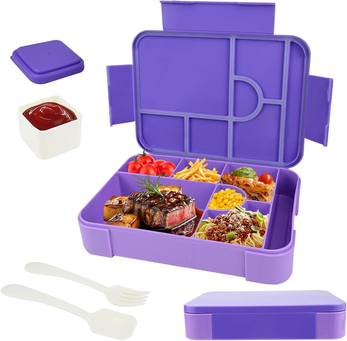 Kindvriendelijke lunchbox met vakken, BPA-vrij, herbruikbaar en magnetronbestendig, ideaal voor school en picknick, paars