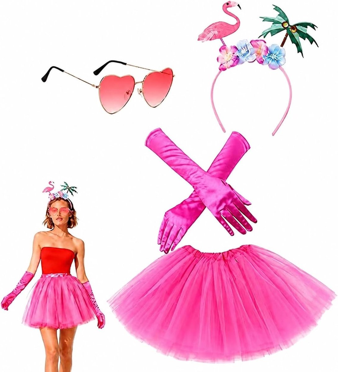 Flamingo kostuum voor vrouwen - 4-delig tutu set met rok van 40 cm - Feestoutfit met accessoires voor volwassenen