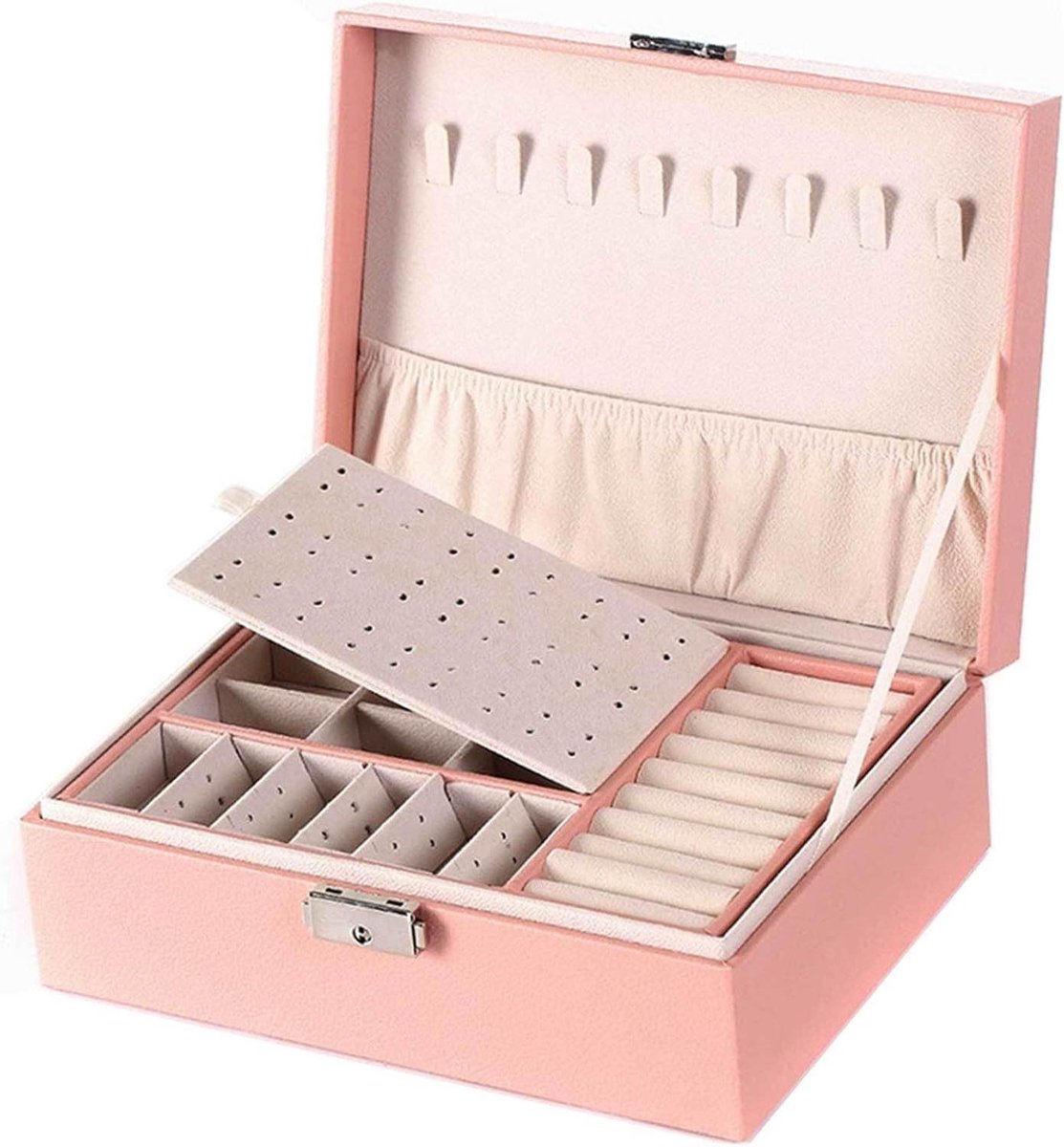 Juwelendoos Vrouwen - Sieraden Organizer - Sieraden Opbergen - Dubbele Laag - 23x17x9cm - Roze