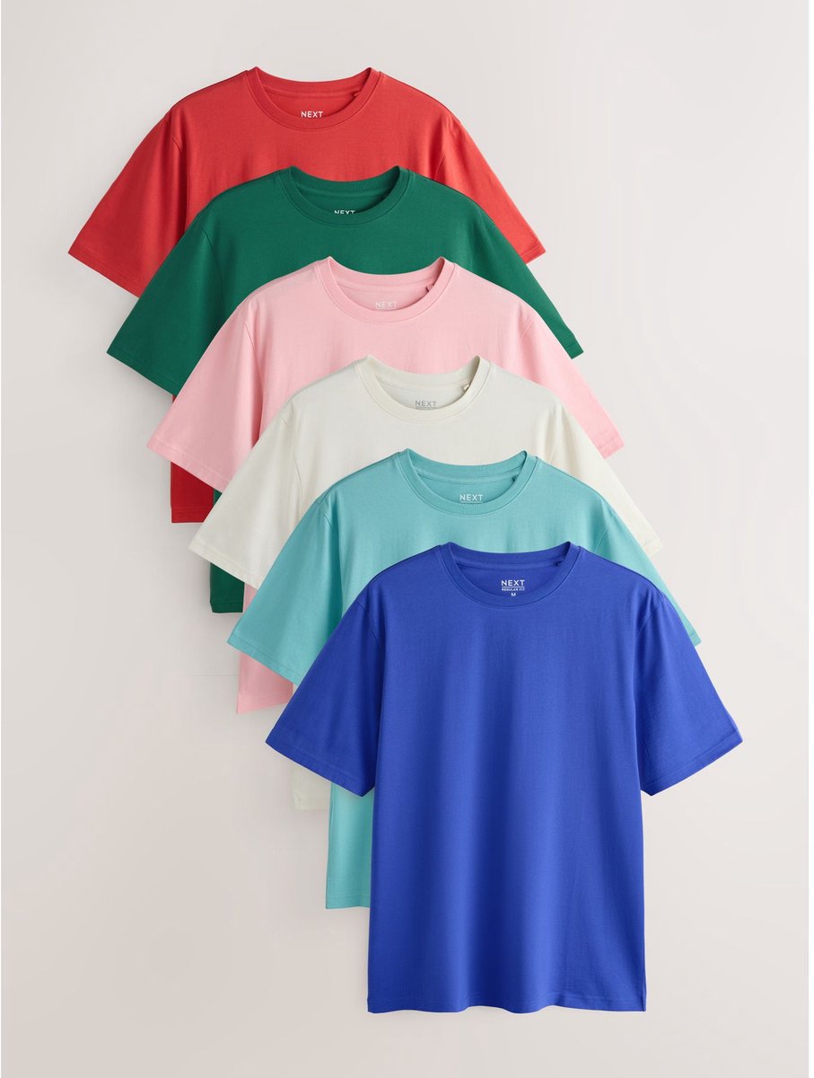 Next - Heren - Set van 6 basic T-shirts van katoen met standaard pasvorm - Blauw