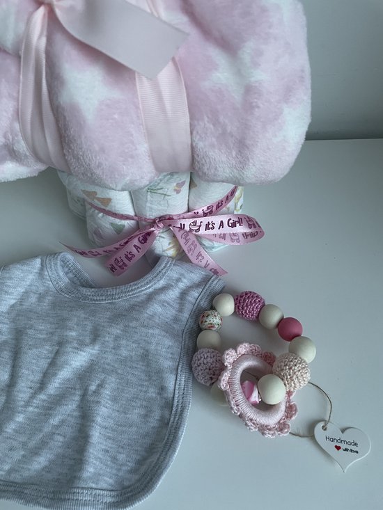 Luiertaart | Meisjes | Unicorn | Handgemaakte bijtring | Knuffel met deken | Slabbetje | Pampers luiers | Kraamcadeau | Babyshower | Maminobaby.nl | — afbeelding 4