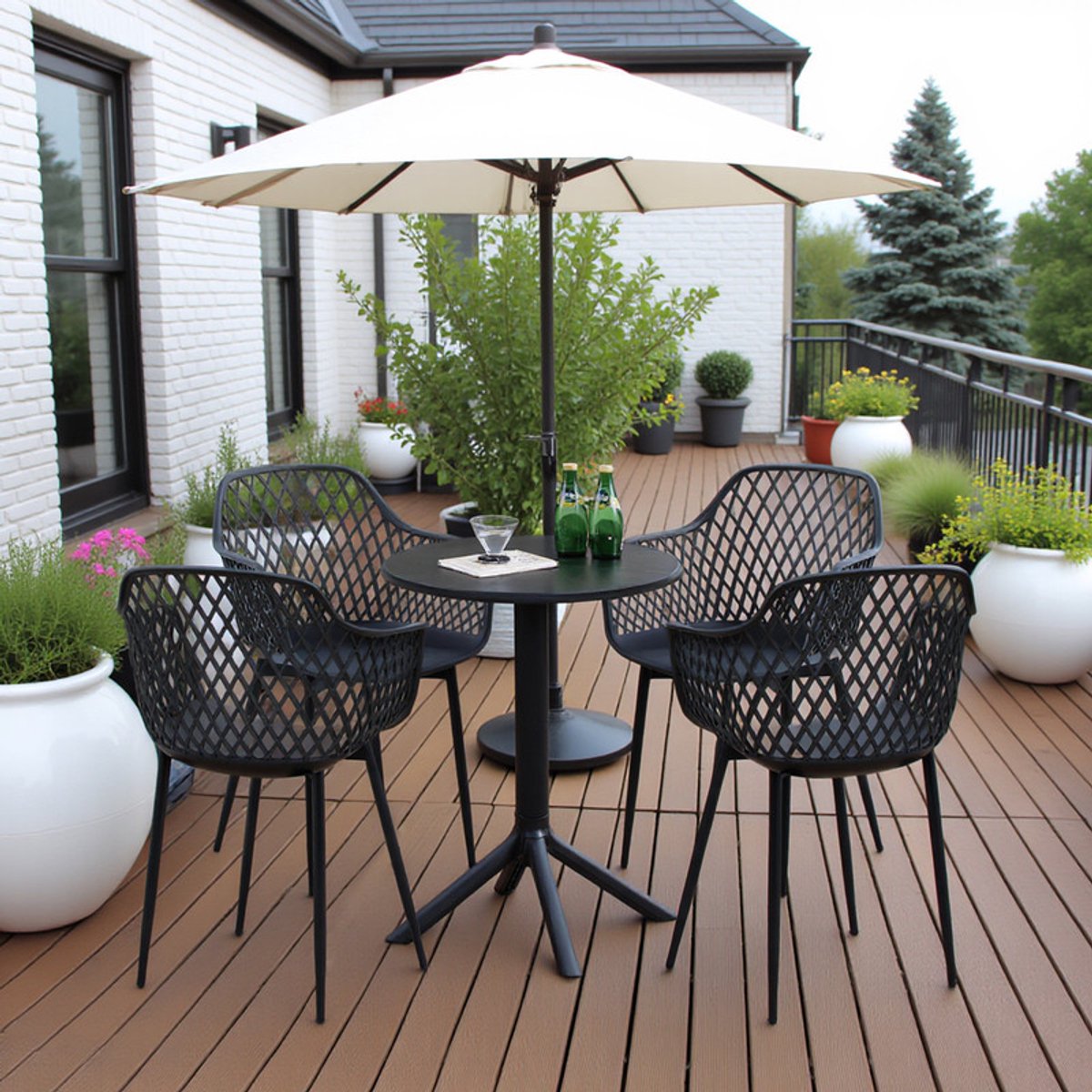 EGGREE Balkonmeubilair voor kleine balkons - Outdoor loungeset voor tuin & terras - Tafel (Ø 60 cm) + 4 zwart fauteuils