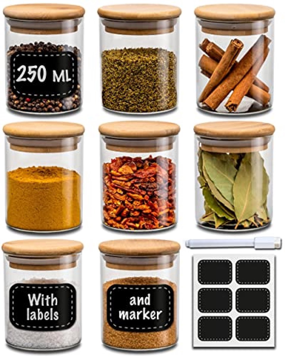 PromoHome Kruidenpotjes Set van 8 - 250 ml - Luchtdicht met Etiketten en Pen - Vaatwasmachinebestendig - Glazen Kruidenpotjes voor Specerijen