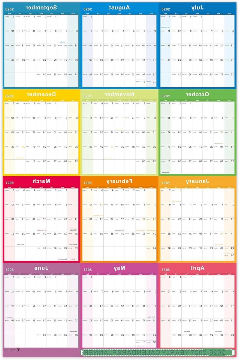 Vibrant Focus Jaarlijkse wandkalender, 2026-2027, jaarlijkse wandkalender en planner met dik papier, juli 2026-juni 2027, X Large, 88 x 57,8 cm, 2026-2027 jaarplanner (jaarkalender - kleurrijk)