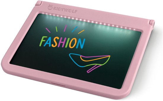 Roze lichttablet met LED-verlichting toont 'FASHION' en een gestileerde pumps.