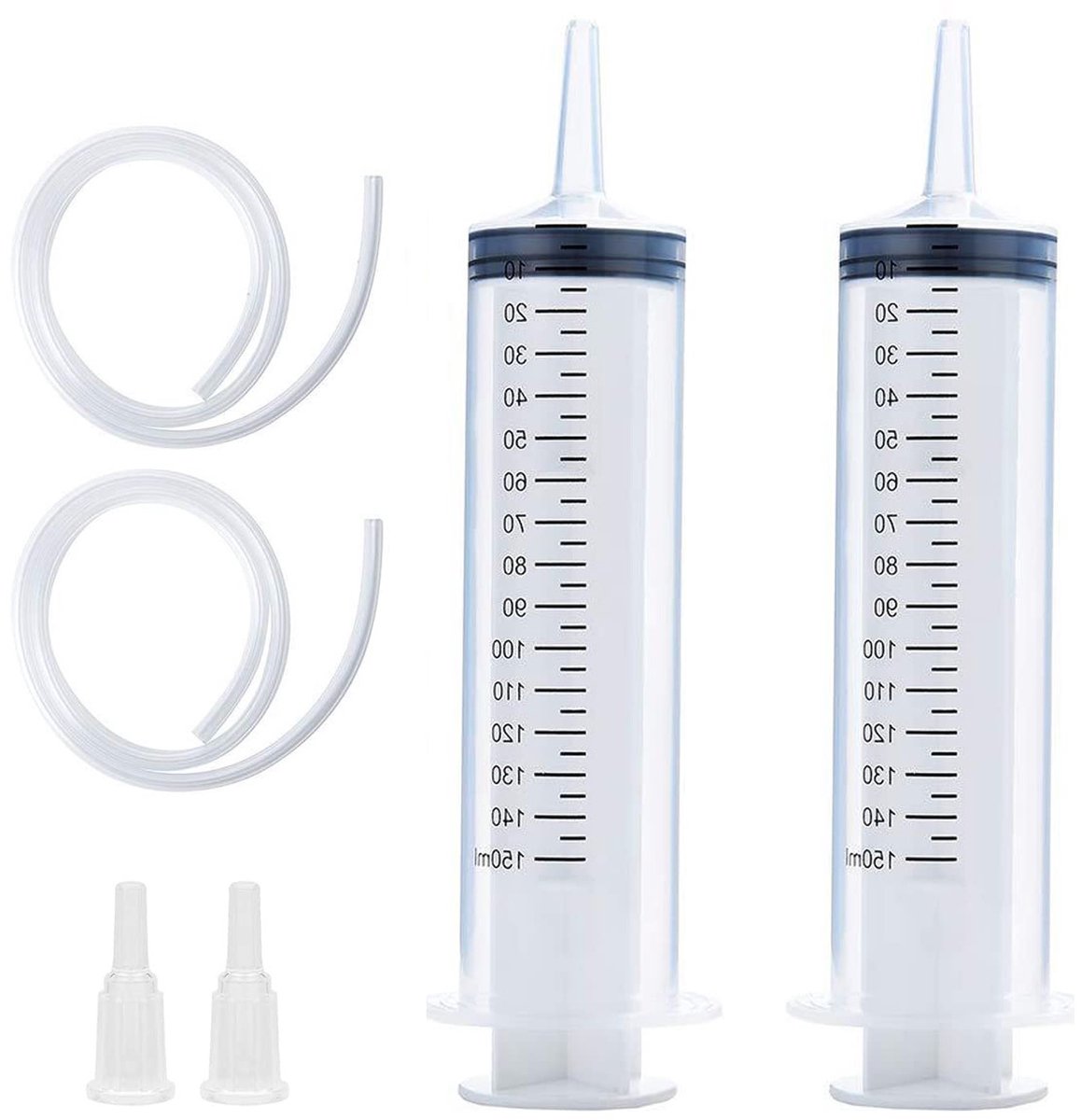 Allecta - Kunststof spuiten voor laboratoria en fabrieken - 2 stuks 150 ml spuitset met slang - handig voor dagelijks gebruik