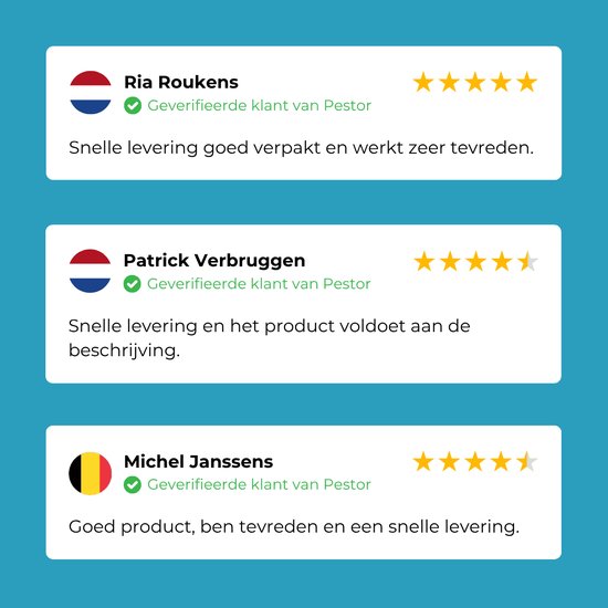 Klantbeoordelingen met 5 sterren en Nederlandse vlaggen.