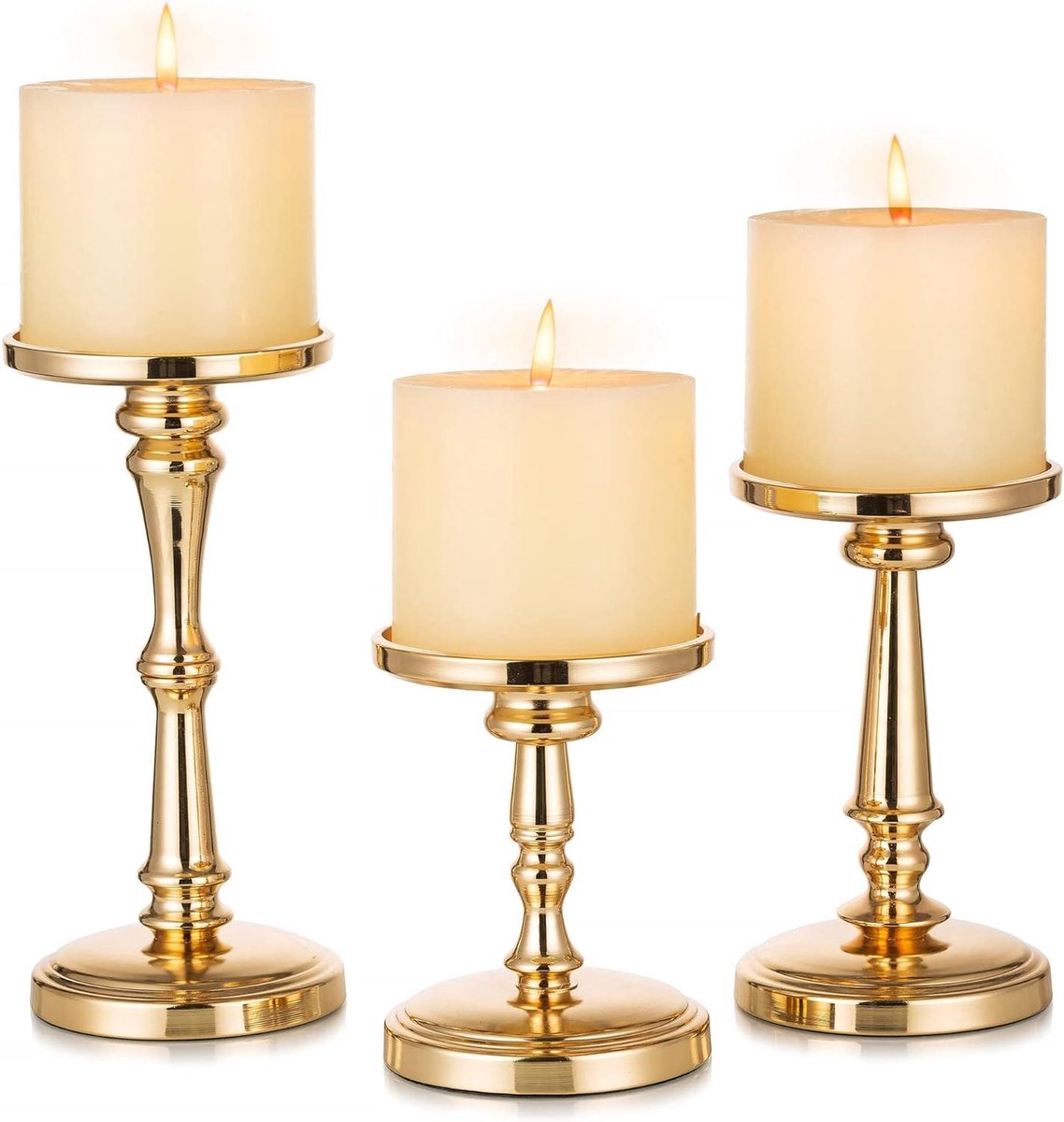 Gouden Kandelaars - Kaarsenhouders Set - Sfeervolle Decoratie - Drie Verschillende Hoogtes - Set van 3 - Goud