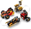 LEGO Ninjago speelgoed: rode buggy, gouden motor en een driewieler.