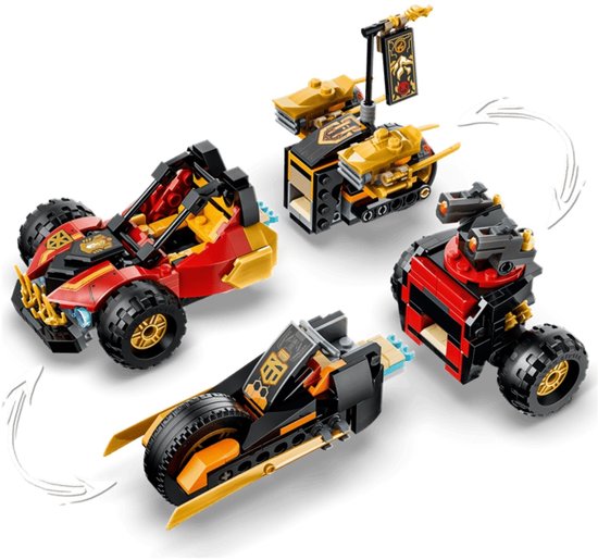 LEGO Ninjago speelgoed: rode buggy, gouden motor en een driewieler.