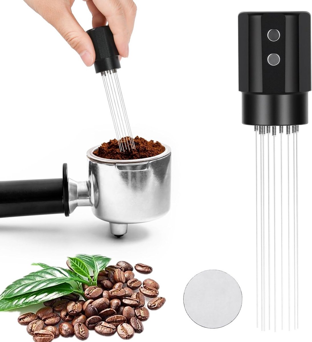 Koffie Distributie Tool - Espresso Naald - Klontervrije Koffie - 8+2 Vervangende Naalden - 0.4 mm Naalden - Zwart