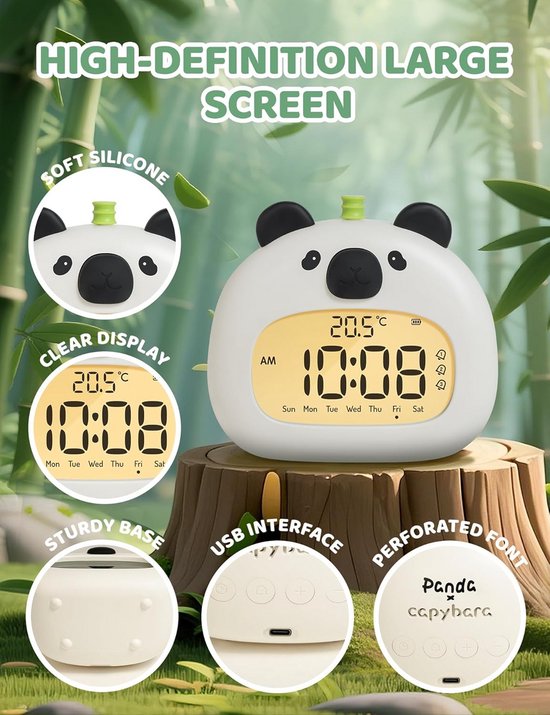 IHALO Leuke kinderwekker, nachtwekker met panda-nachtlampje, digitaal led-display, 3,15 inch, drie alarmen, weekendmodus, datum, tijd, temperatuur, oplaadbaar, decoratie voor babykamer — afbeelding 3