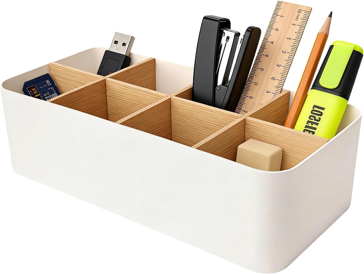 Organiser voor Bureau met 8 Compartimenten, Penhouder en Cosmetica-opbergdoos van Bamboe en ABS, Flexibele Combinatie voor Kantoor en Badkamer