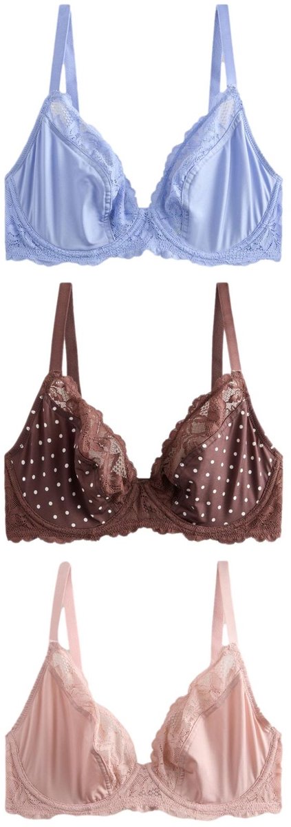 Next Dames - Diepuitgesneden DD+ beha, zonder vulling, set van 3 - Bruin Chocolate Spot/Pink/Blue