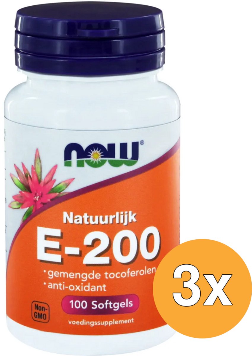 3x Now Vitamine E-200 natuurlijke gemengde tocoferolen (100 softgels)