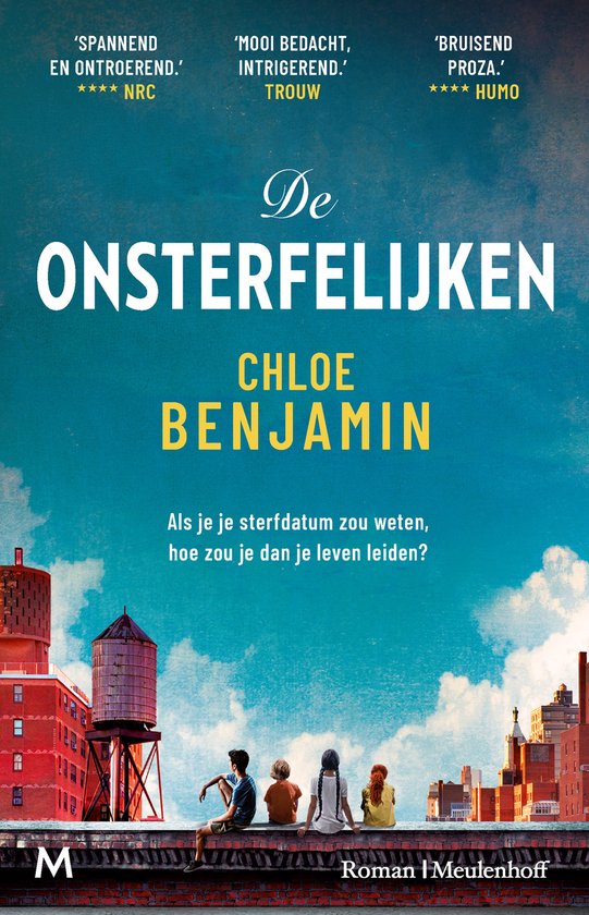 Boekcover 'De onsterfelijken' met de titel, auteur en een groep jongeren die op een dak in New York zitten.