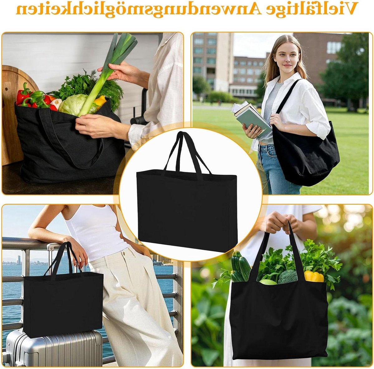 Katoenen tas - Draagtas set - Boodschappen doen - Set van drie - 45 x 35 cm - Zwart