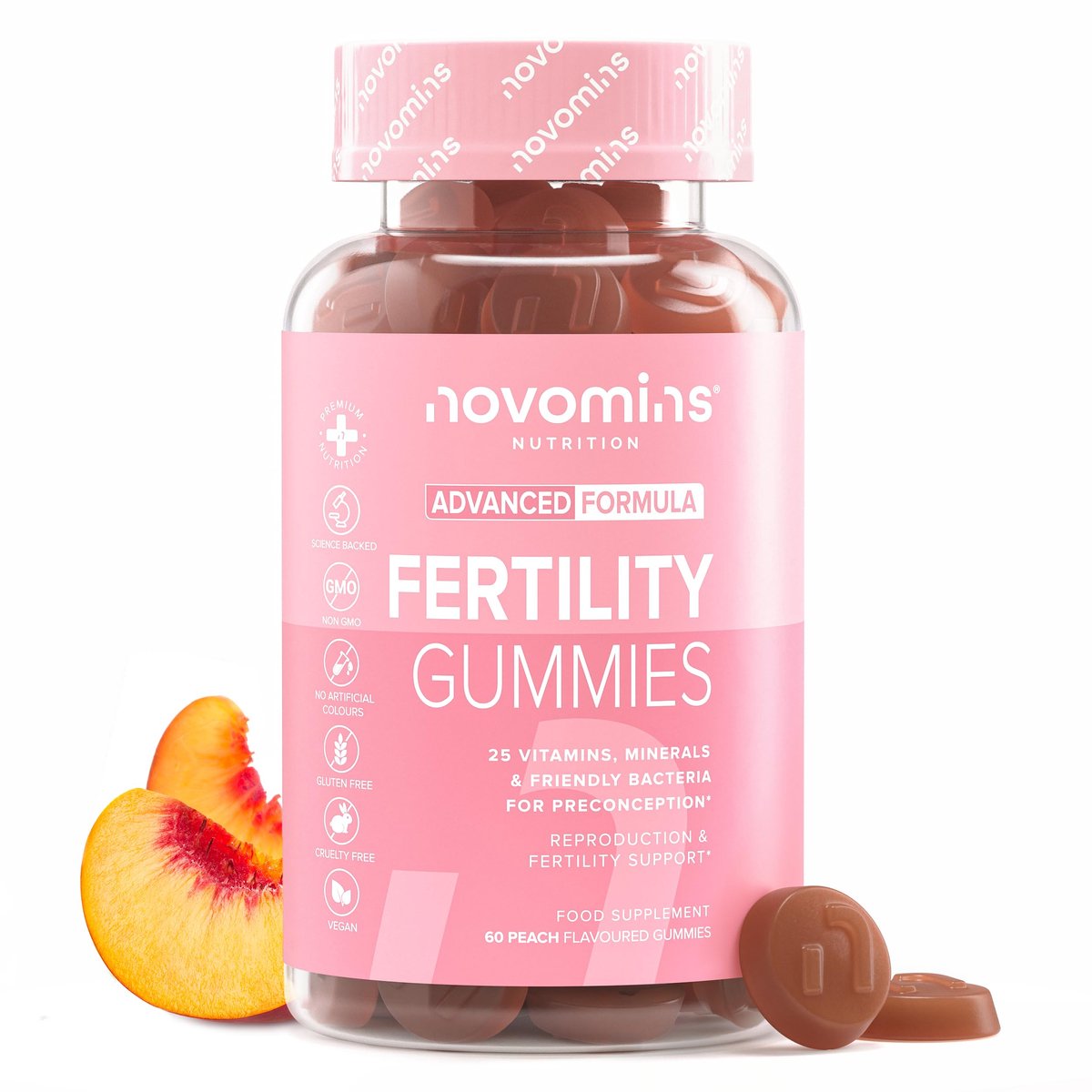 Vruchtbaarheid Gummies voor Vrouwen - 400 mcg Foliumzuur, Inositol, Vitamine D, C, E, CoQ10 & Zink - 25 Voedingsstoffen - 60 Gummies - Novomins