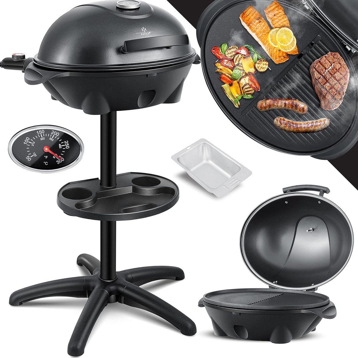 GrillMaster SpherePro 2-in-1 Elektrische BBQ Grill 2400W met Deksel, Thermometer en XXL Antiaanbak Grillplaat – Staande en Tafelbarbecue met Opbergrek en Variabele Warmtestanden 37 x 49 x 121 cm