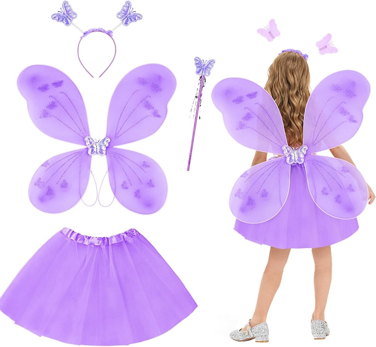 Paarse Glanzende Vlinder Kostuum voor Meisjes - 4-delig Tutu en Vleugels voor Verjaardagsfeest, Carnaval en Halloween Cosplay