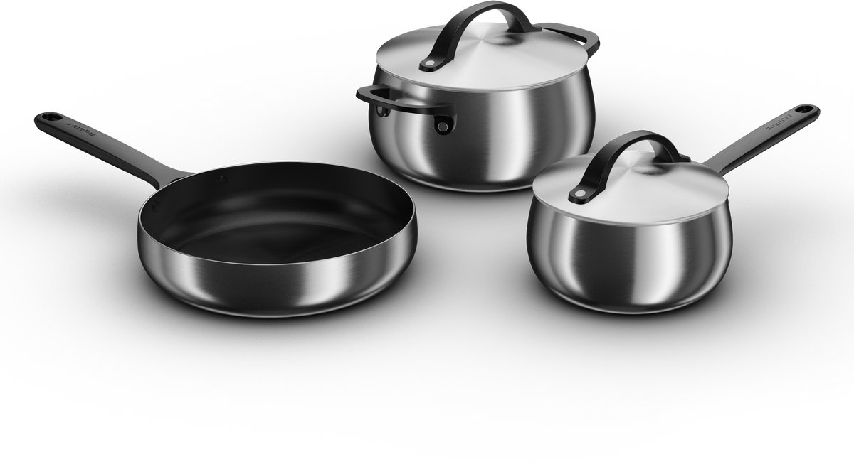 BergHOFF Home Belly Pannenset 5-delig – RVS Steelpan & Kookpot met Deksel – PFAS-Vrije Koekenpan met Keramische Antiaanbaklaag – Inductie & Ovenbestendig – Smokey Black
