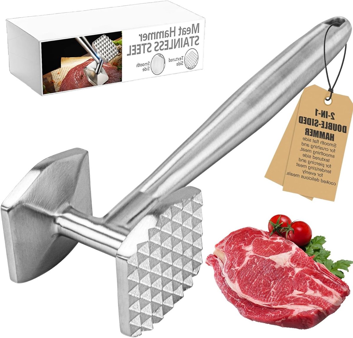 RVS Vleeshamer 26 cm - Dubbelzijdige Vleesbeater voor Steak, Kip en Varkensvlees - Vaatwasserbestendig en Antiaanbaklaag