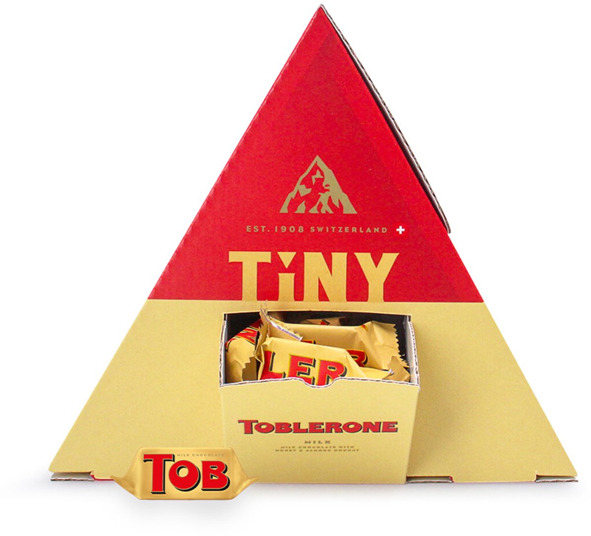 Toblerone Tiny 480g - 60 stuks - Displaydoos gevuld met mini individueel verpakte melkchocolade mini's met nougat, amandel en honing - Horeca & kantoor
