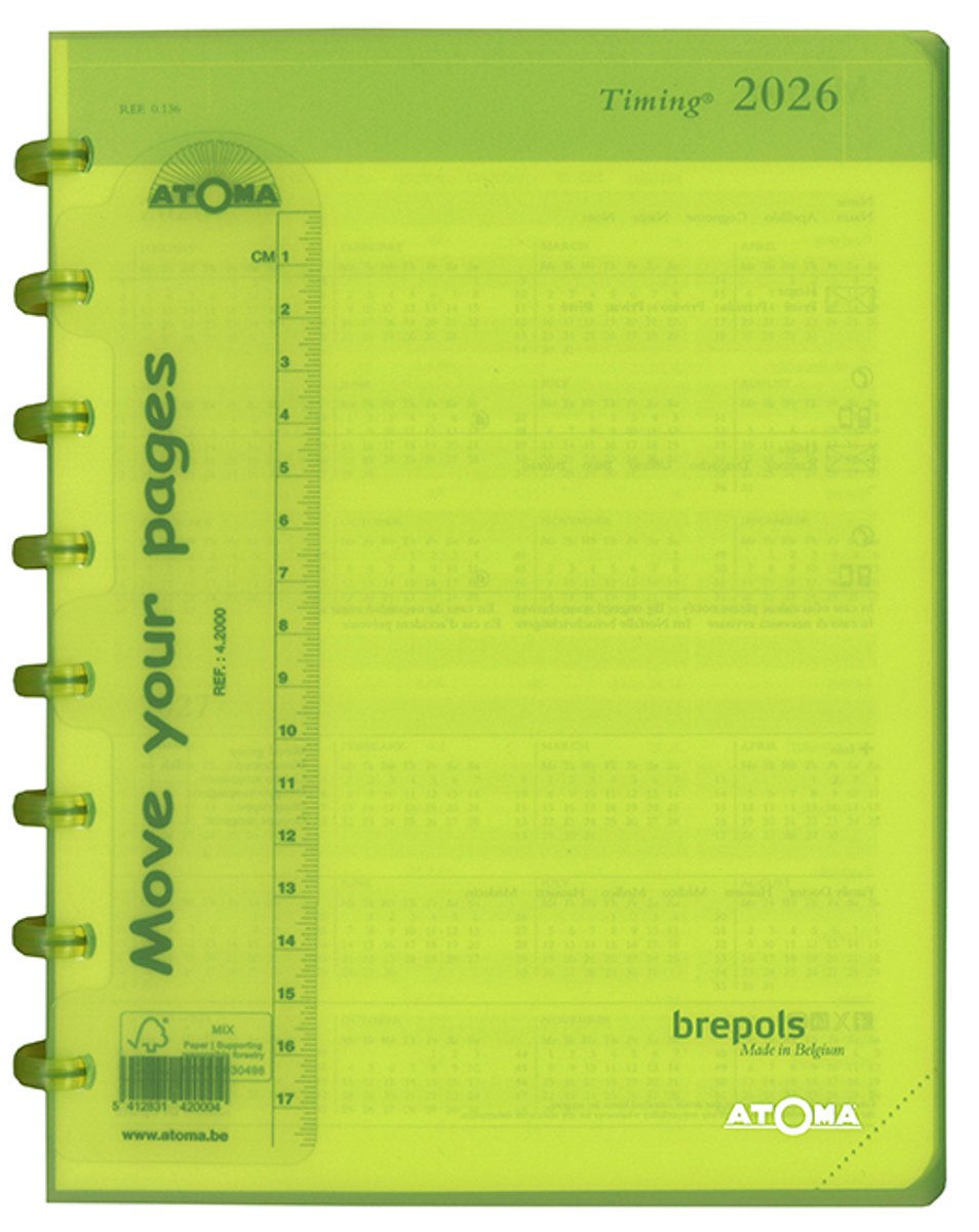 Brepols agenda 2026 - TIMING - ATOMA - Bureau agenda - 1 week op 2 pagina's - Kolom - Weekoverzicht - Lime - 18 x 22 cm