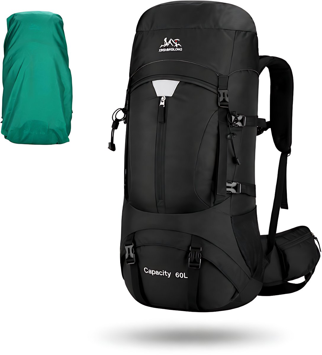 CarryQuest® 60L Hiking Rugzak - Waterdichte Trekking Backpack met Regenhoes, Drinksysteem, MOLLE-Systeem & Front-/Toploader - Zwart