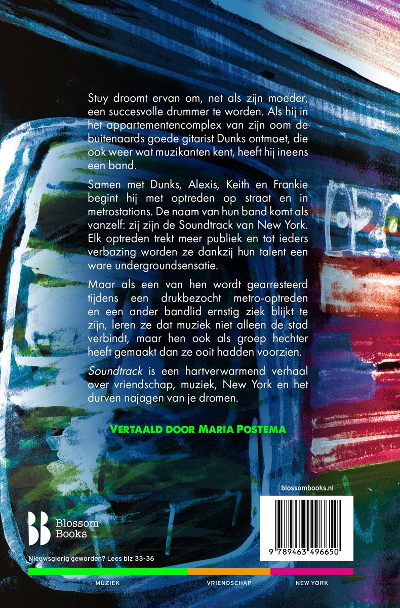 Achterkant van het boek 'Soundtrack' met tekst en een abstracte afbeelding van een auto.