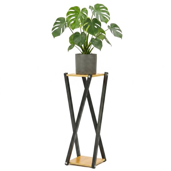Lomera Plantenstandaard voor Binnen - Plantenrek - Bloemenstandaard - Plantenzuil - Bloempothouder - Plantentafel - Bloemenplank - Plantenhouder - Plantenkruk - Bloempotstandaard - Decoratief - Hoog - Zwart Metaal en Hout - Industrieel