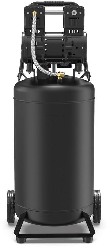 Achterkant van een zwarte staande Michelin compressor met twee wielen en een zwarte motor.