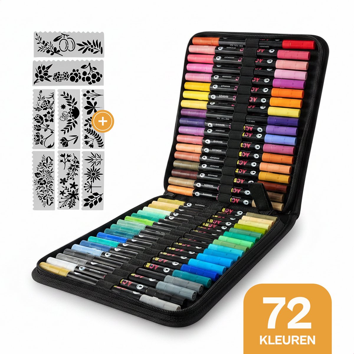 Samex Dualtip Acrylstiften – 72 kleuren – luxe map - inclusief 8 sjablonen - verfstiften Happy Stones