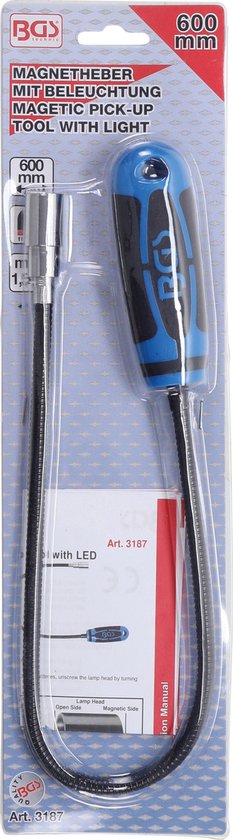Outil de ramassage - stylo magnétique - aide magnétique flexible 600mm, 1,5Kg, avec lumière LED, BGS 3187