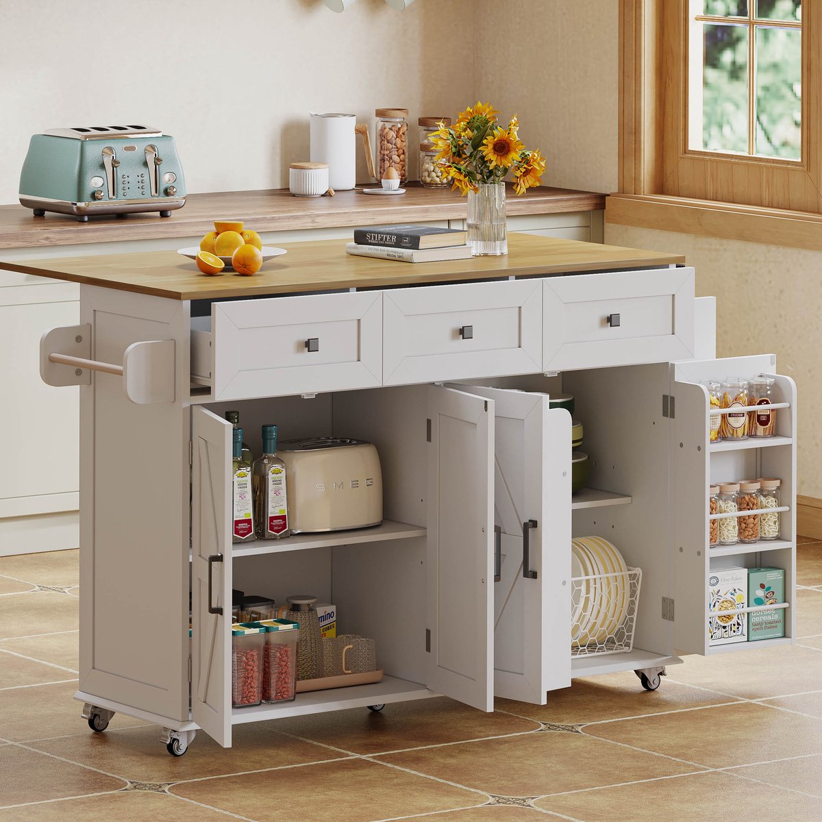 HAUSS SPOLE Keukeneiland - Met Uitklapbaar Werkblad En Wielen - Voor Keuken En Eethoek - MDF - 140x43x90,5 Cm - Wit Naturel