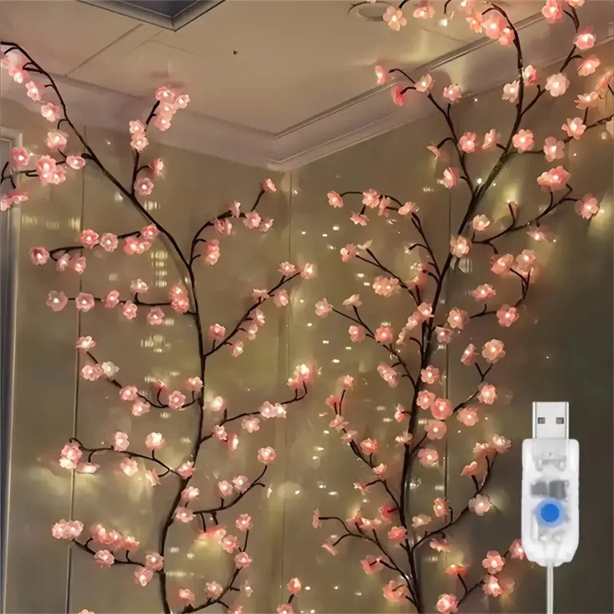 Hutjemutje - lichtsnoer - lichtslinger - ledverlichting - wanddecoractie - kersenbloesem - 96 LED lampjes - USB - 160cm - roze