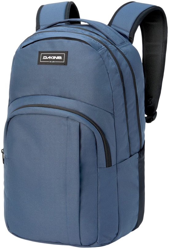 Donkerblauwe rugzak met DAKINE logo, voorvakken en verstelbare schouderbanden.